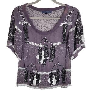 French Connection black sheer sequin beaded top size 6 Boho Artsy Glam Retro